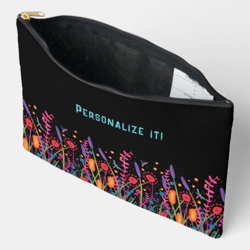 Fun Wildflowers Black Floral Custom Name Accessory Pouch