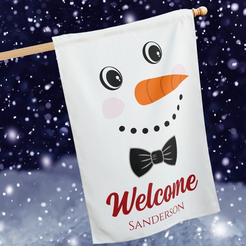 Fun Winter Christmas Happy Snowman Face Modern House Flag