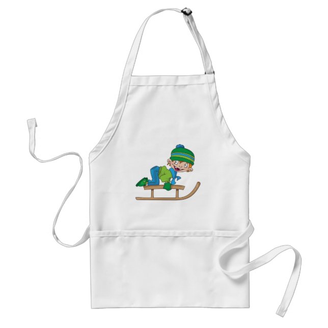 Fun Winter Sledding Boy Cute Snow Adventure  Adult Apron (Front)