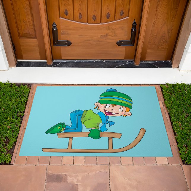Fun Winter Sledding Boy Cute Snow Adventure  Doormat (Creator Uploaded)