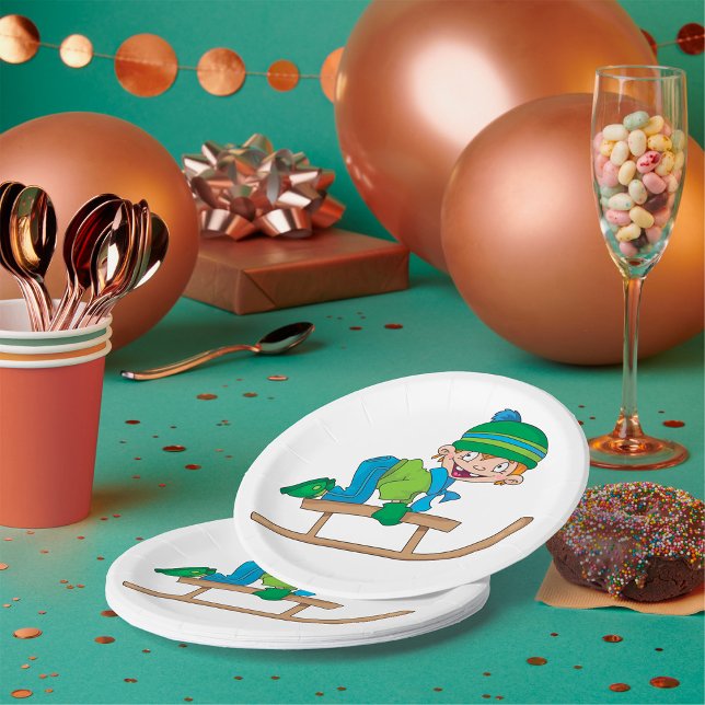 Fun Winter Sledding Boy Cute Snow Adventure  Paper Plates (Creator Uploaded)