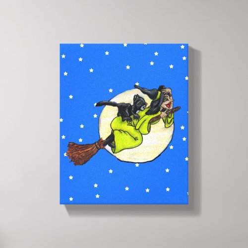 Fun Witch Black Cat Flying Past Moon Stars Broom Canvas Print