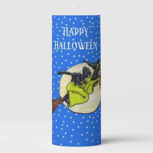 Fun Witch Black Cat on Broom Moon stars Blue Pillar Candle