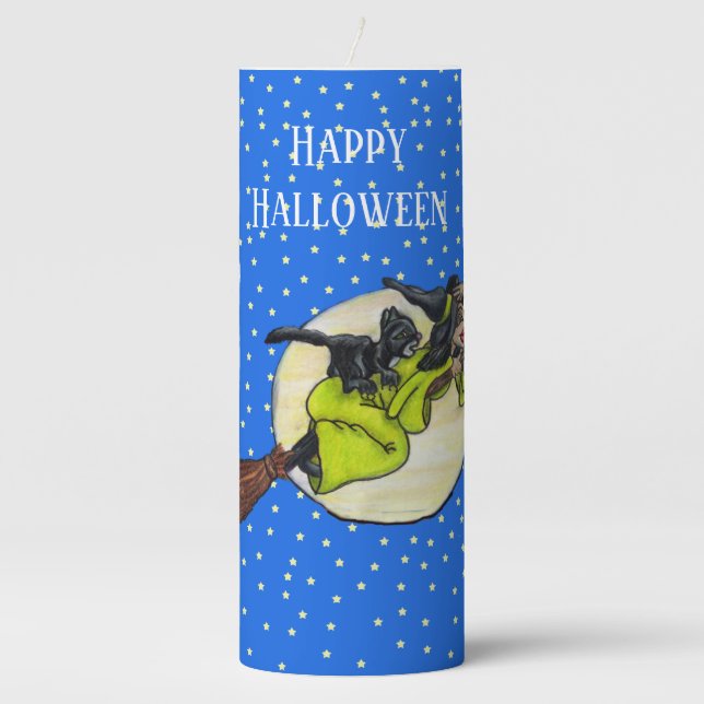 Fun Witch Black Cat on Broom Moon stars Blue Pillar Candle (Front)