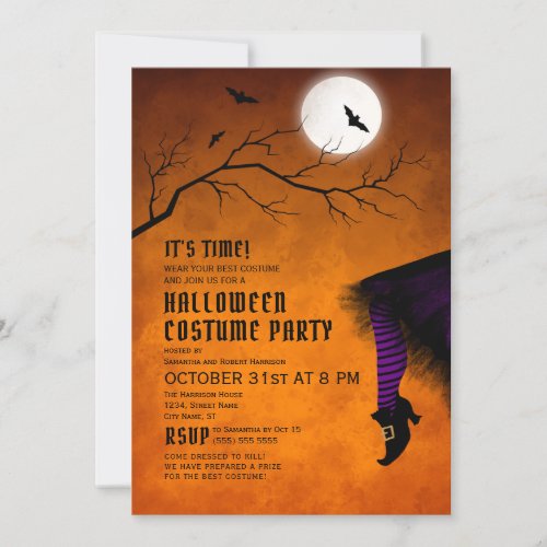 Fun Witch Dress Orange Halloween Costume Party Invitation
