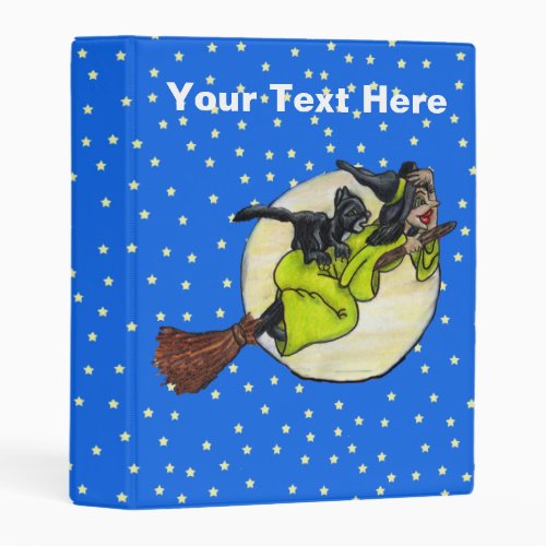 Fun Witch Flying Past Moon Stars on Broom With Cat Mini Binder