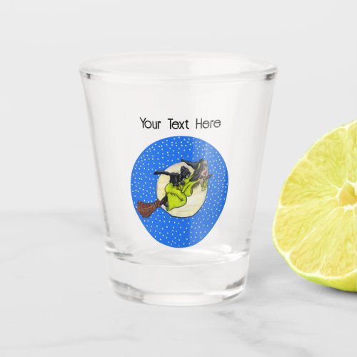 Fun Witch Green Dress Flying on Broom Cat Circle Shot Glass