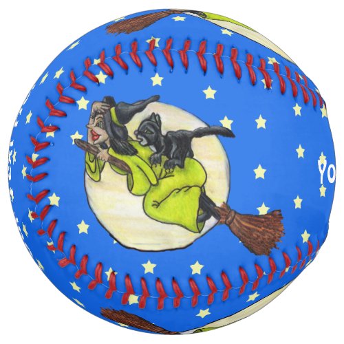 Fun Witches Flying With Cat on Broom Past Moon Softball