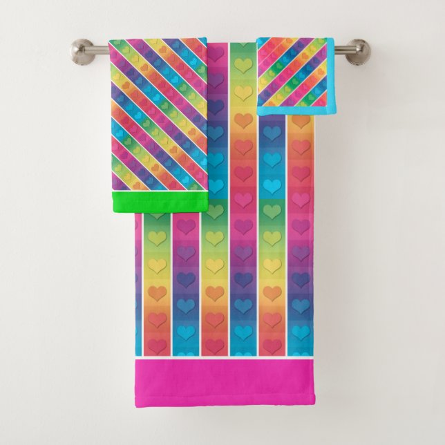 [Fun with Stripes] Pattern #6a Rainbow Hearts Bath Towel Set (Insitu)