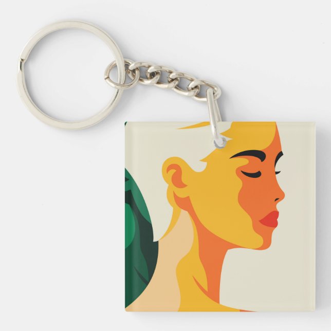Fun Woman Portrait Modern Abstract Custom Keychain (Front)