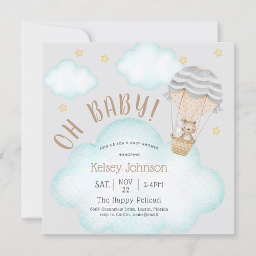 Fun Woodland Teddy Bear Balloon Baby Shower Invitation