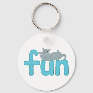 fun word in aqua with playful gray cat, keychain