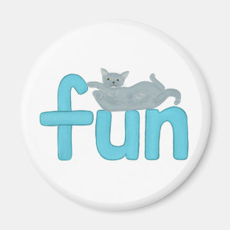 fun word in aqua with playful gray cat, magnet