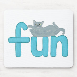 fun word in aqua with playful gray cat, mousepad