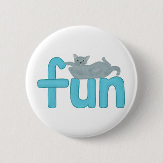 Fun word in aqua with playful gray cat, pins