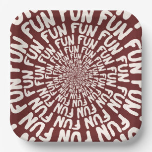 Fun word repeating spiral cream burgundy red paper plates