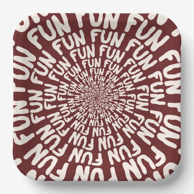 Fun word repeating spiral cream burgundy red paper plates (Front)