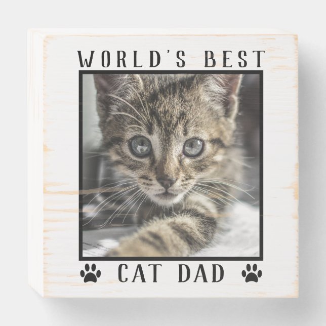 Fun World's Best Cat Dad Pet Photo Paw Prints Wooden Box Sign (Front Horizontal)
