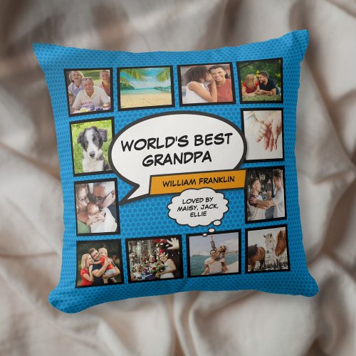 Fun Worlds Best Grandpa Grandad Photo Blue Throw Pillow