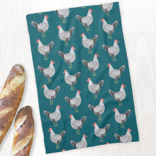 Fun Wyandotte Chicken Hen Watercolor Teal Green Kitchen Towel