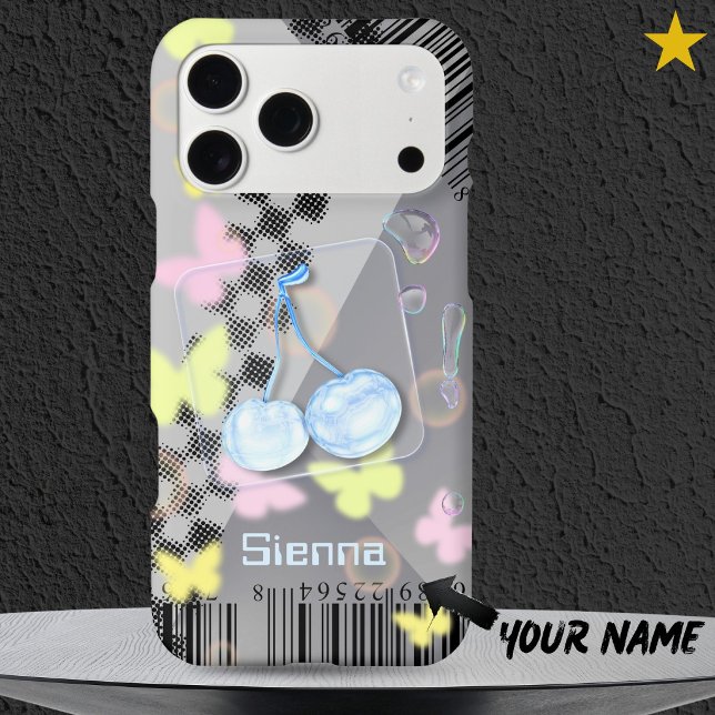 Fun Y2K Glass Cherries Neon Butterfly Custom Name iPhone Case (Creator Uploaded)
