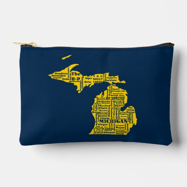 Fun Yellow and Navy Blue State of Michigan cities Accessory Pouch (Front)