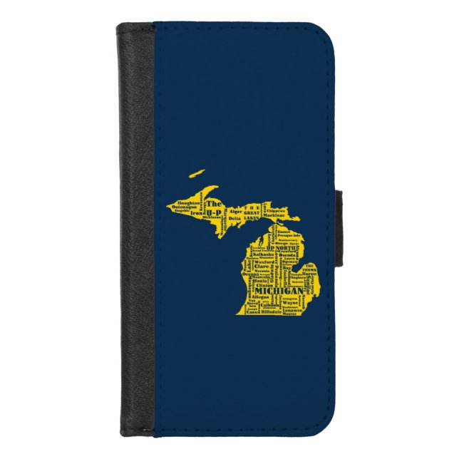 Fun Yellow and Navy Blue State of Michigan cities iPhone Wallet Case (Front)
