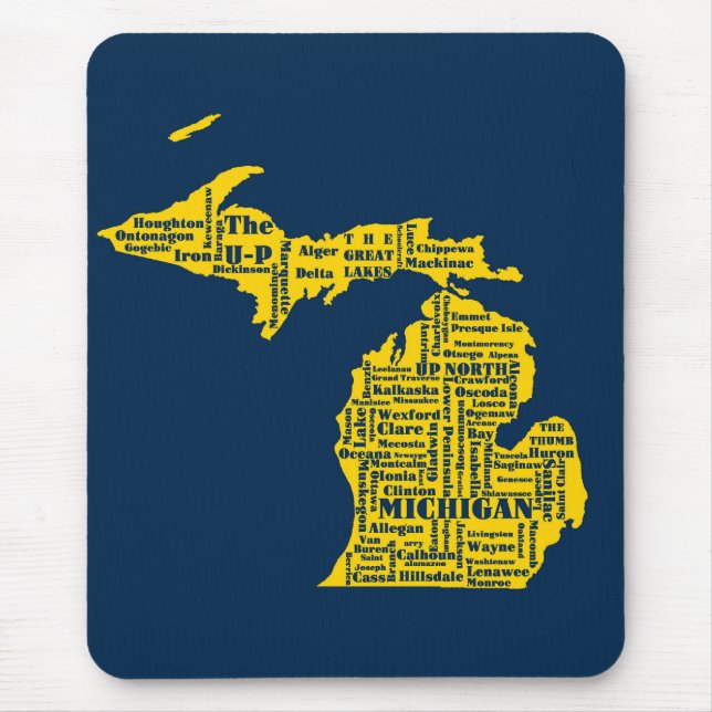 Fun Yellow and Navy Blue State of Michigan cities Mouse Pad (Front)
