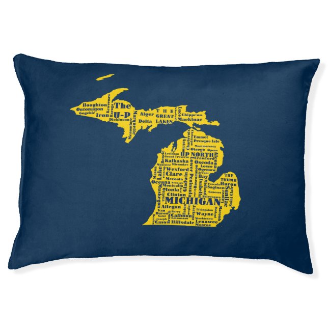 Fun Yellow and Navy Blue State of Michigan cities Pet Bed (Front)