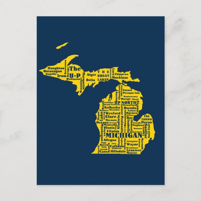 Fun Yellow and Navy Blue State of Michigan cities Postcard (Front)