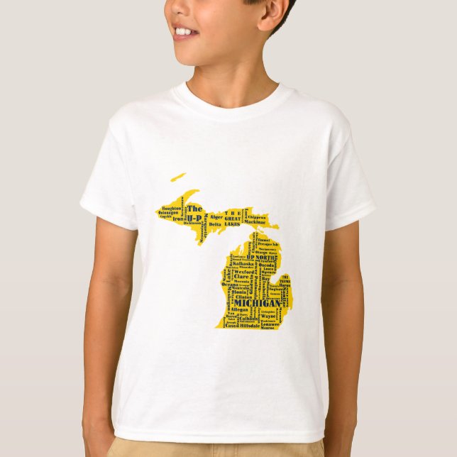 Fun Yellow and Navy Blue State of Michigan cities T-Shirt (Front)