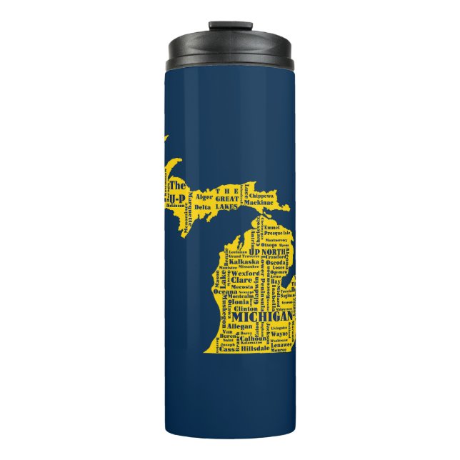 Fun Yellow and Navy Blue State of Michigan cities Thermal Tumbler (Front)