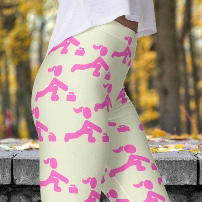 Fun Yellow and Pink Womens Curling Pattern Leggings (Womens Curling on Light Yellow Leggings)