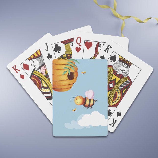 Fun Yellow Bee  Poker Cards (Personalized Cute Bee and Beehive Blue Playing Cards)