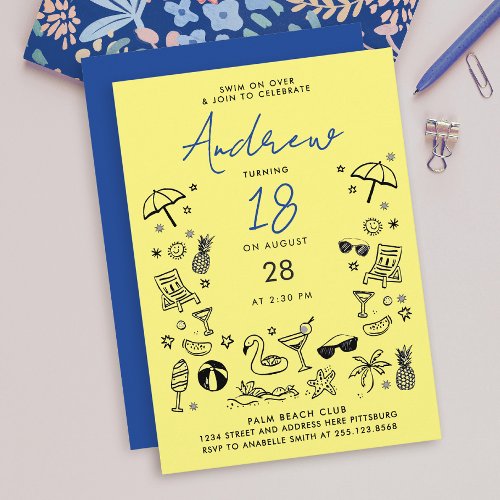 Fun Yellow Blue Beach Party Summer Scribble Doodle Invitation