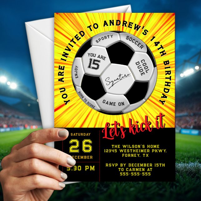 Fun Yellow Custom Text on  Soccer Ball  Birthday  Invitation (Creator Uploaded)