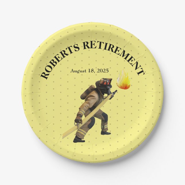 Fun Yellow Firefighters Retirement  Paper Plates (Front)