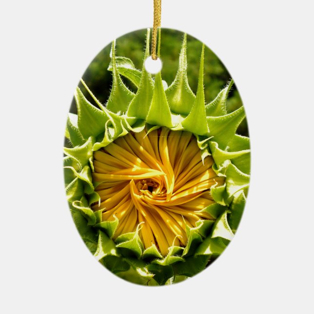 Fun yellow floral Sunflower Ceramic Ornament (Front)