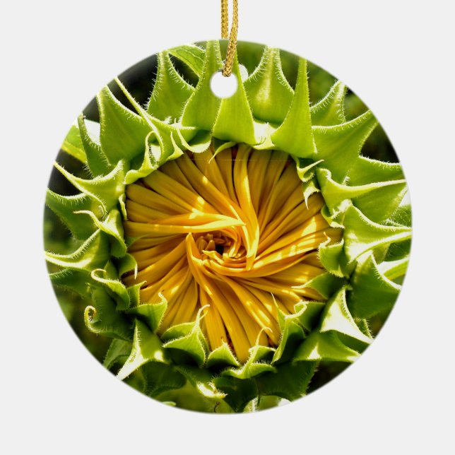 Fun yellow floral Sunflower Ceramic Ornament (Front)