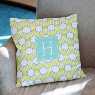 Fun Yellow Honeycomb Pattern Monogram Throw Pillow