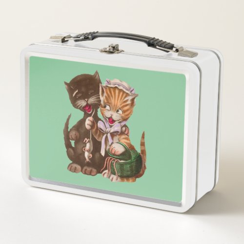 Fun Yellow Lady Cat Giving Rats To Male Brown Cat Metal Lunch Box