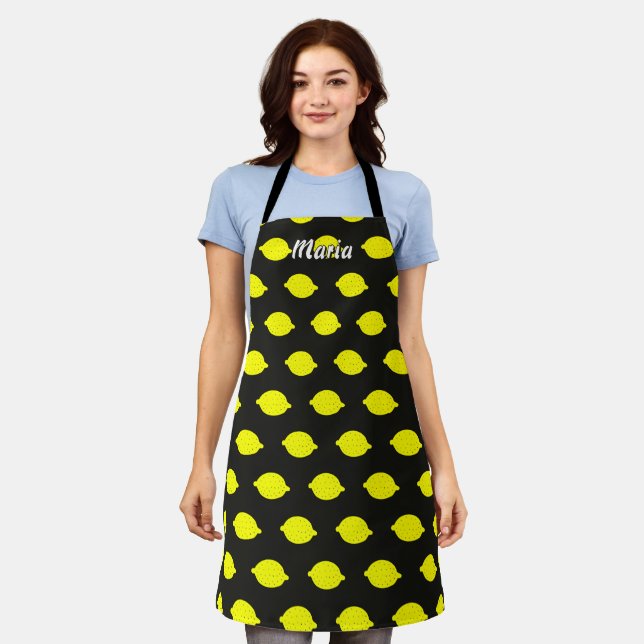 Fun yellow lemon pattern black kitchen chef apron (Worn)