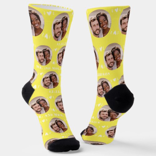 Fun Yellow Newlyweds Photo Pattern Socks