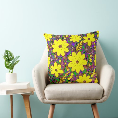 Fun Yellow Retro Daisy Colorful Foliage  Throw Pillow