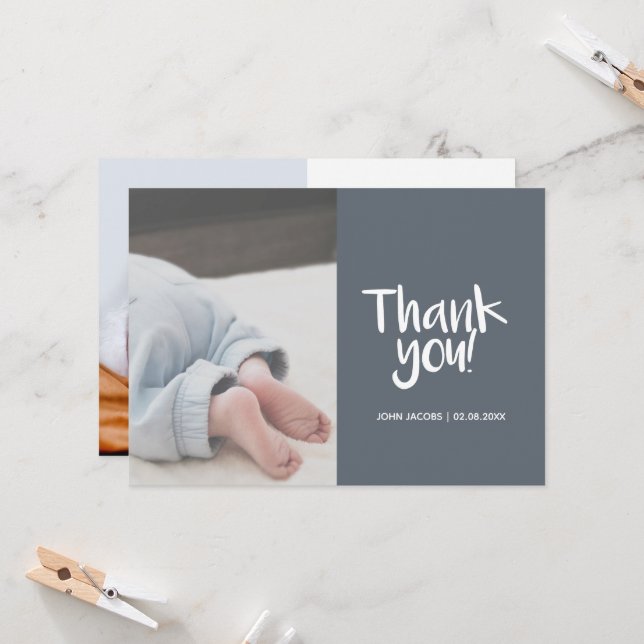 Fun, your photo, boy, baby shower thank you card (Front/Back In Situ)