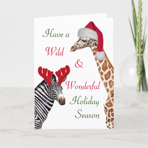 Fun Zebra and Giraffe Wild Wonderful Christmas Holiday Card
