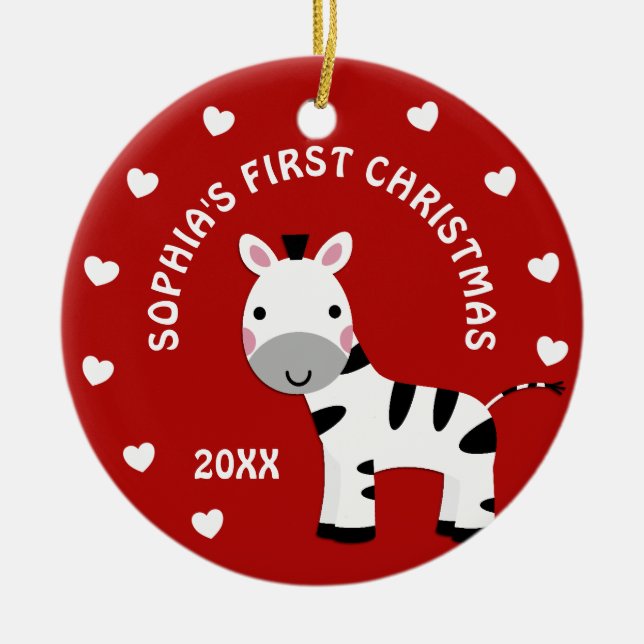 Fun Zebra Baby's 1st First Christmas Gift Circle Ceramic Ornament (Front)