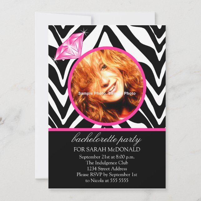 Fun Zebra Print & Diamond Photo Bachelorette Party Invitation (Front)