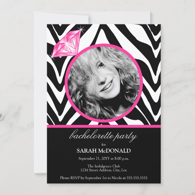 Fun Zebra Print & Diamond Photo Bachelorette Party Invitation (Front)