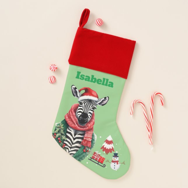 Fun zebra Santa animal snowman Sled Xmas tree Christmas Stocking (Front)